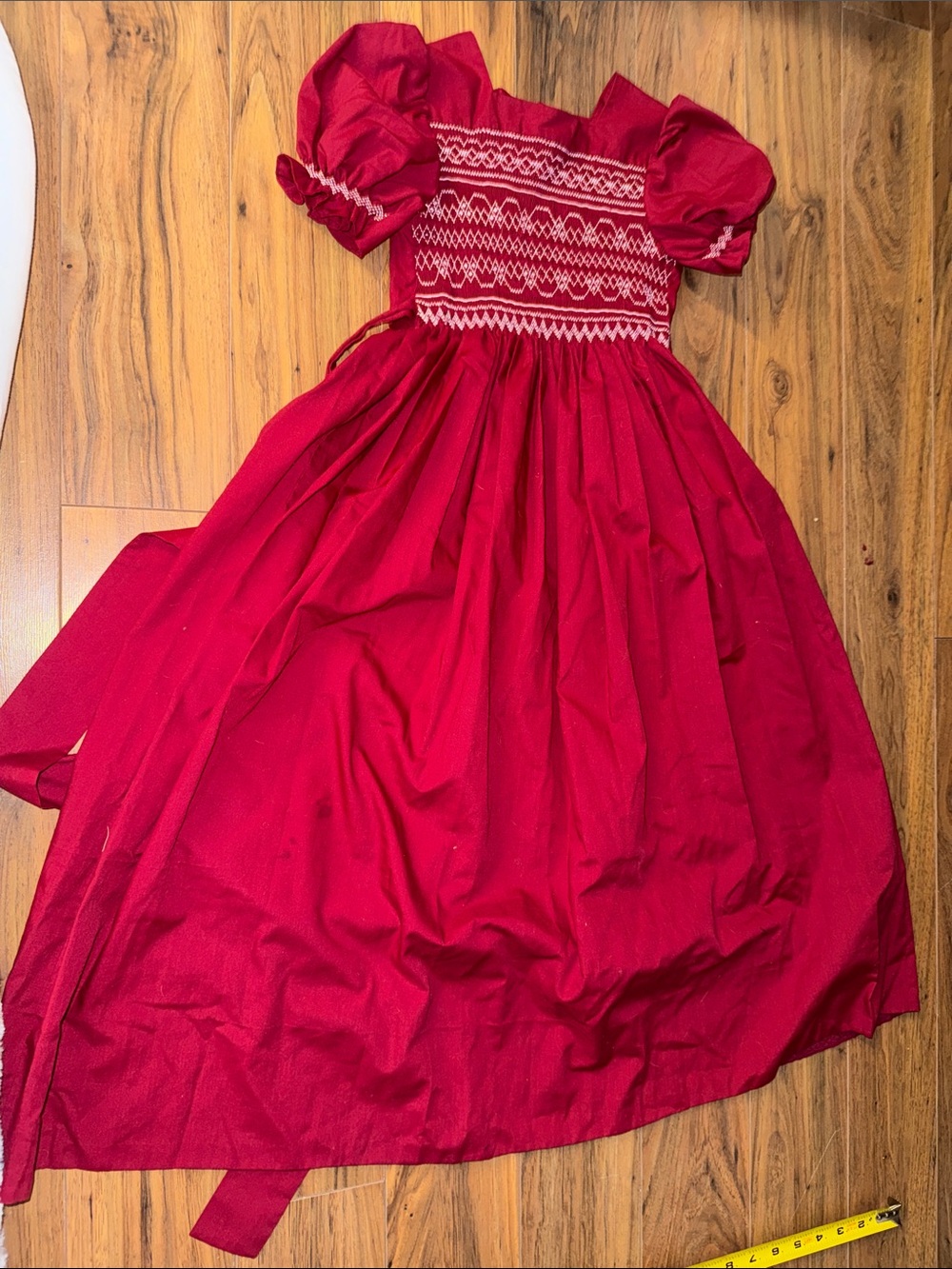 6-7 vintage handmade Red Smocked Puff Sleeve long girls Dress